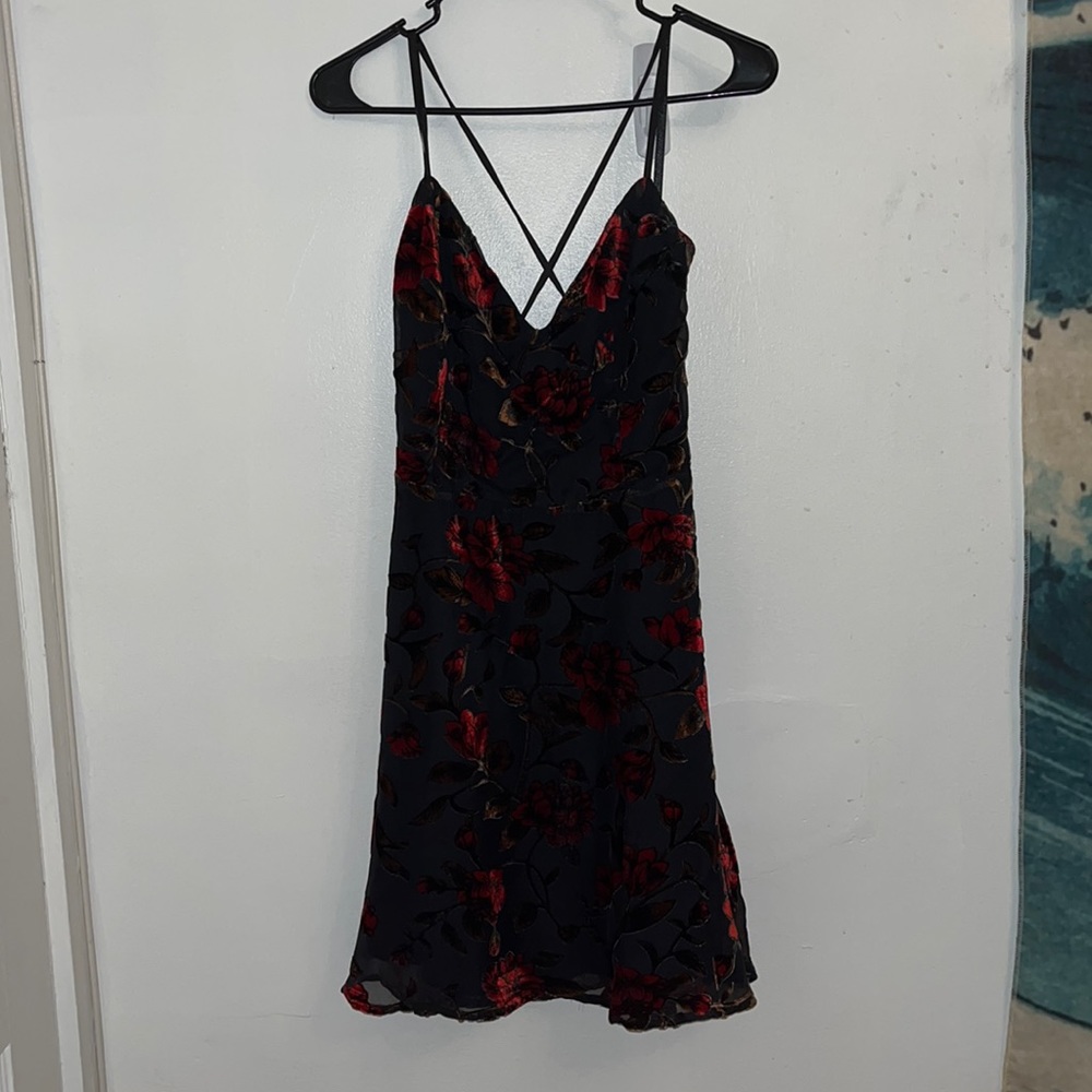 Floral Faux Velvet Black Dress